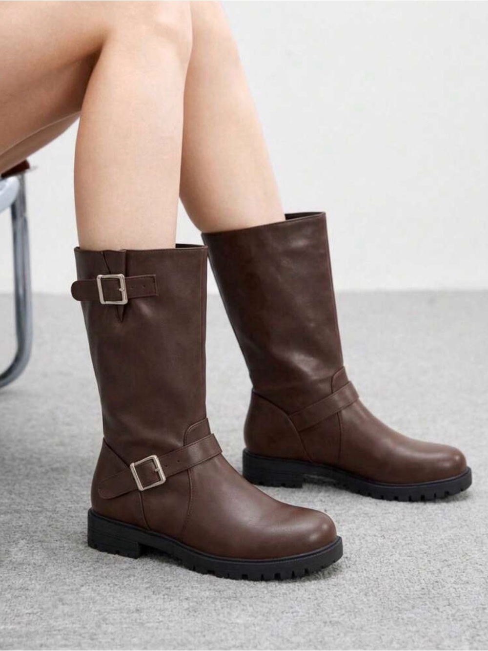 Classic Brown Mid-Calf Buckle Boots - Women